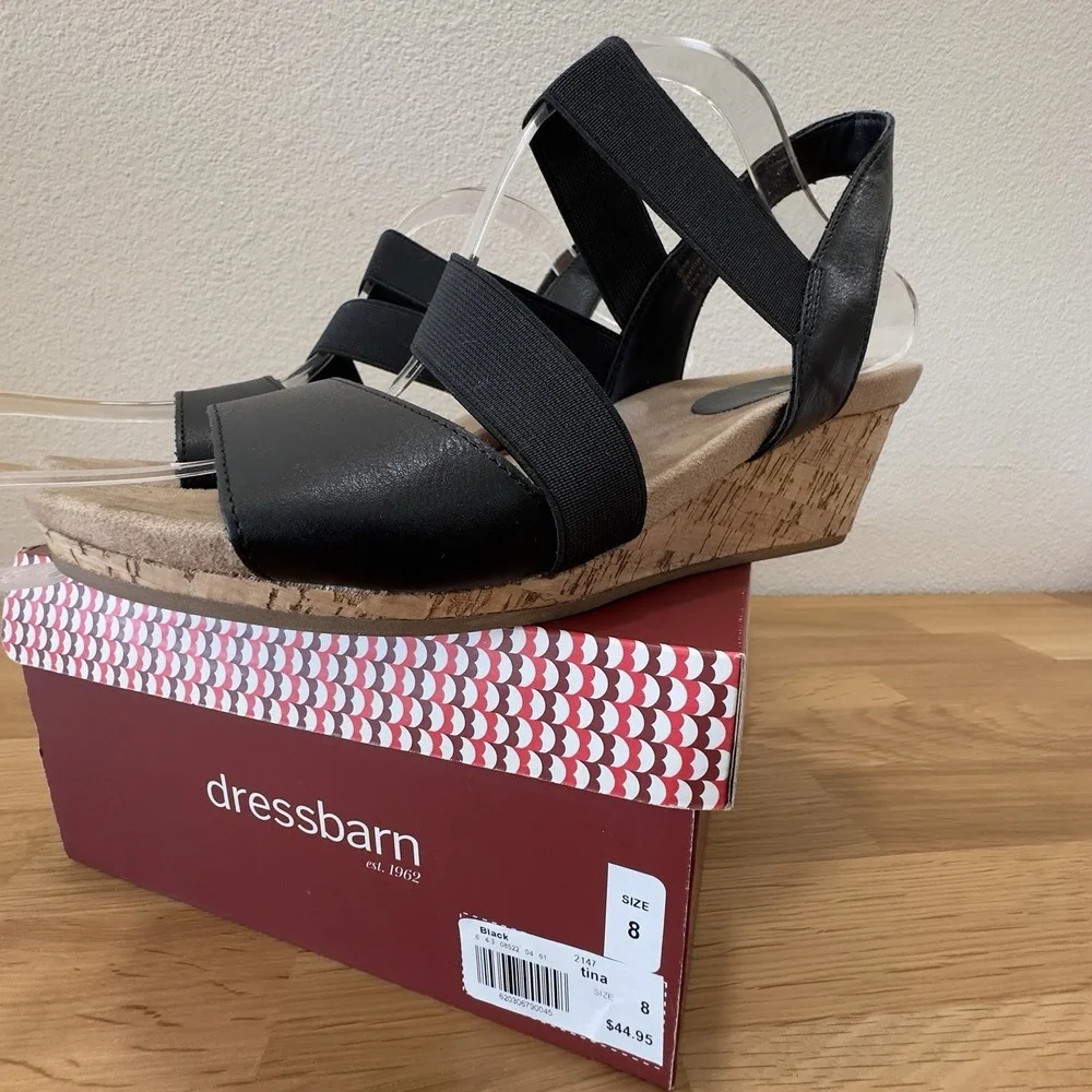 Dress‎ Barn Cork Wedge Heels Espadrilles Black TINA Womens Size 8 Worn1 Sandals